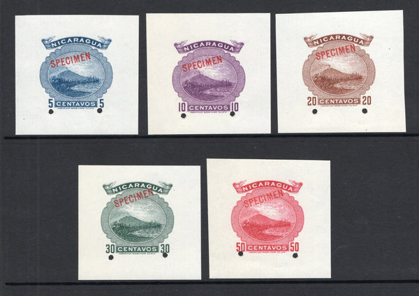 NICARAGUA - 1900 - NEWSPAPER STAMPS: 5c blue, 10c purple, 20c brown, 30c green and 50c red large format 'Momotombo' NEWSPAPER STAMP issue, all cut square with large margins, imperf all overprinted SPECIMEN in red and with small hole punch. Ex ABNCo. archive. Unlisted by all catalogues. Very scarce. (See article in Mainsheet issue #62)  (NIC/4684)