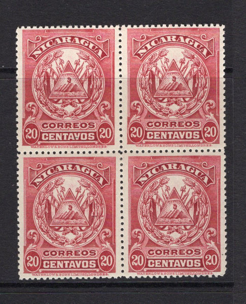 NICARAGUA - 1907 - MULTIPLE: 20c lake 'Waterlow' ARMS issue a fine mint block of four. (SG 244)  (NIC/4692)