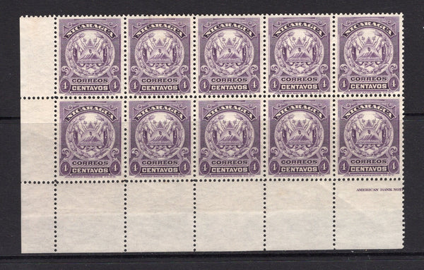 NICARAGUA - 1909 - MULTIPLE: 4c violet 'ABNCo.' ARMS issue a superb unmounted mint corner marginal block of ten. (SG 281)  (NIC/4695)