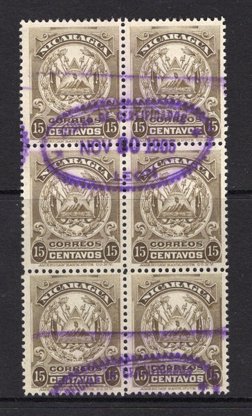 NICARAGUA - 1905 - MULTIPLE: 15c olive 'ABNCo.' ARMS issue a superb used block of six with fine strike of small OFICINA DE CERTIFICADOS LEON oval cancel. (SG 213)  (NIC/4696)