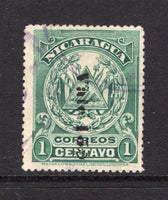 NICARAGUA - 1906 - PROVISIONAL ISSUE: 15c on 1c green WATERLOW 'Arms' issue with overprint reading down a fine used copy. (SG 254A)  (NIC/4713)