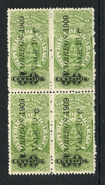 NICARAGUA - 1909 - VARIETY: 10c on 50c green 'Revenue' issue a fine mint block of four showing DIFFERENT TYPE OF 'C' on lower left stamp. (SG 277)  (NIC/4716)