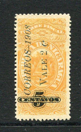 NICARAGUA - 1908 - PROVISIONAL ISSUE: 2c on 5c orange yellow 'Revenue' issue a fine mint copy. (SG 265)  (NIC/4721)
