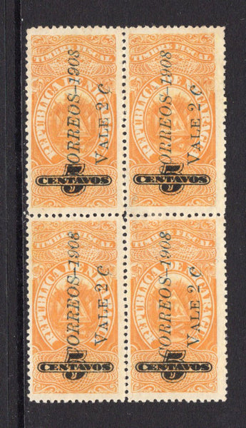 NICARAGUA - 1908 - MULTIPLE: 2c on 5c orange yellow 'Revenue' issue a fine mint block of four. (SG 265)  (NIC/4722)