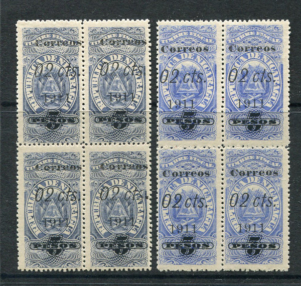 NICARAGUA - 1911 - MULTIPLE: 2c on 5p grey blue and 2c on 5p ultramarine 'Revenue' issue both shades in fine mint blocks of four. (SG 306/307)  (NIC/4723)