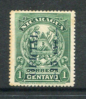 NICARAGUA - 1907 - OFFICIAL ISSUES: 15c on 1c green 'Waterlow' ARMS issue with 'OFICIAL' overprint, a good mint copy. Some light toning on perfs but a scarce issue. (SG O257)  (NIC/4725)