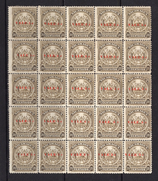 NICARAGUA - 1910 - MULTIPLE: 5c on 20c olive brown 'Arms' issue with surcharge in red, a fine unused block of twenty five. Nice multiple. (SG 293)  (NIC/4729)