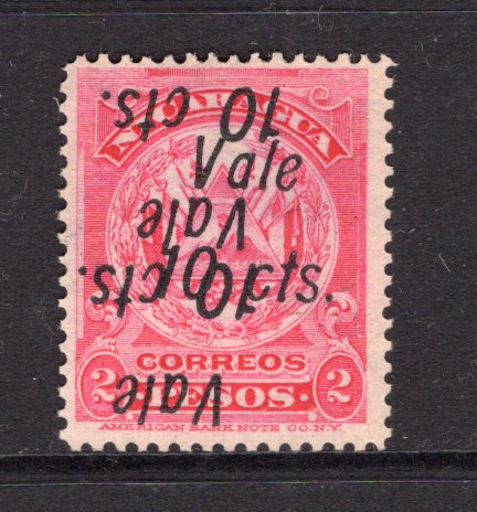 NICARAGUA - 1910 - VARIETY: 10c on 2p carmine 'Arms' issue 'Wide Setting' a fine unused copy with variety OVERPRINT TRIPLE TWO INVERTED. (SG 305e)  (NIC/4735)