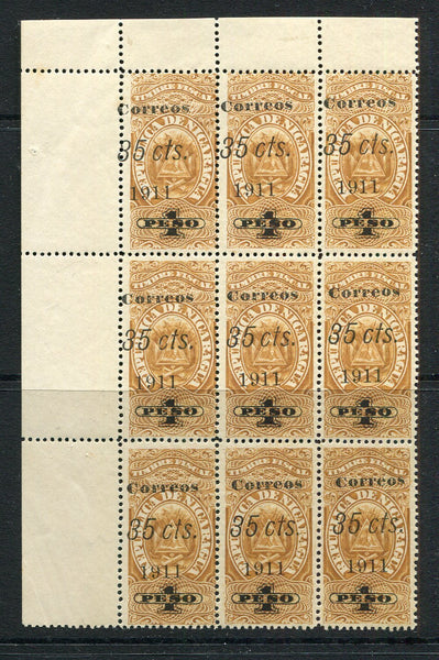 NICARAGUA - 1911 - VARIETY: 35c on 1p yellow brown 'Revenue' issue a fine mint corner marginal block of nine from the second setting. (SG 311)  (NIC/4747)