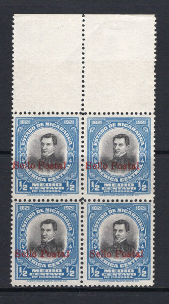 NICARAGUA - 1923 - PROVISIONAL ISSUE: ½c black & blue with 'Sello Postal' overprint a fine unmounted mint block of four. (SG 486)  (NIC/4790)