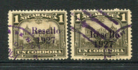 NICARAGUA - 1927 - RESELLO OVERPRINTS: 1 cor deep brown two copies with 'Resello 1927' overprint in black and in violet both fine used. (SG 553/554)  (NIC/4792)