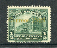 NICARAGUA - 1929 - PROVISIONAL ISSUE: ½c deep green 'National Palace' issue with UNISSUED 'Correos 1929' TRIAL overprint in yellow, a fine mint copy. (Maxwell #606N)  (NIC/4819)