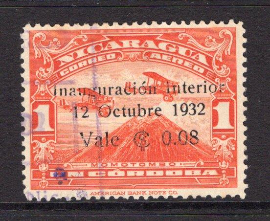 NICARAGUA - 1932 - AIRMAILS: 8c on 1 cor scarlet vermilion 'Inauguration of Inland Air Service' overprint issue a fine used copy. (SG 693)  (NIC/4832)
