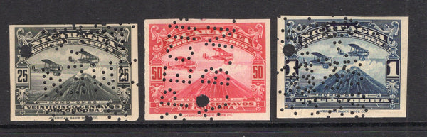 NICARAGUA - 1929 - PROOFS: 25c blackish green, 50c carmine and 1 cor deep blue AIR issue IMPERF PROOFS on gummed paper PERFORATED 'A.B.N.Co. SPECIMEN'. (As SG 631/633)  (NIC/4836)