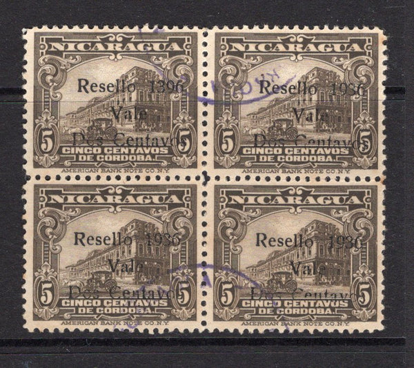 NICARAGUA - 1936 - VARIETY: 2c on 5c sepia a fine used block of four with variety '1939' FOR '1936' on top left hand stamp. (SG 870 & 870a)  (NIC/4855)