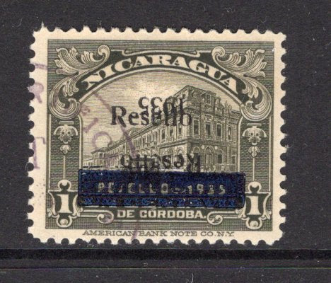 NICARAGUA - 1935 - VARIETY: 1c blackish green with blue 'RESELLO 1935' boxed overprint and further opt 'Resello 1935' with variety latter OVERPRINT DOUBLE ONE INVERTED. A fine used copy. Light crease. (SG Unlisted)  (NIC/4861)