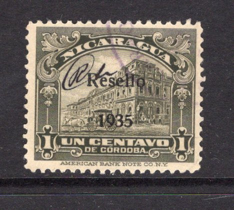 NICARAGUA - 1935 - POSTMASTER PROVISIONAL: 1c blackish green used with 'CRH' Postmaster's Initials validating the stamp after a large theft of stamps from the Treasury on November 16th 1935. Uncommon. (SG 816)  (NIC/4864)