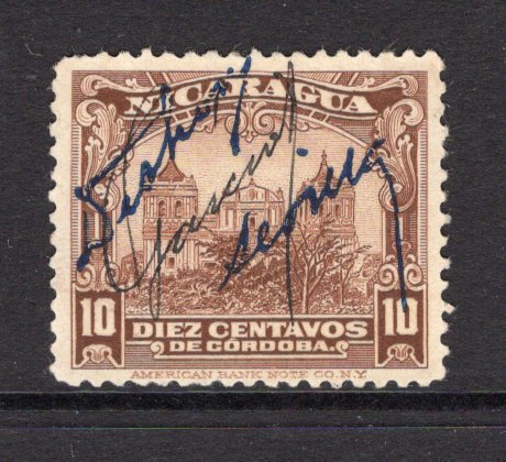 NICARAGUA - 1935 - POSTMASTER PROVISIONAL: 10c chocolate with 'Signature' overprint used with 'Garcias' Postmaster's Signature validating the stamp after a large theft of stamps from the Treasury on November 16th 1935. Uncommon. (SG 784)  (NIC/4869)