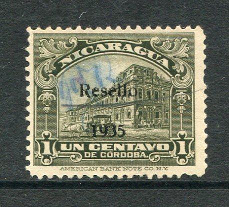 NICARAGUA - 1935 - POSTMASTER PROVISIONAL: 1c blackish green used with 'Postmaster's Initials' validating the stamp after a large theft of stamps from the Treasury on November 16th 1935. Uncommon. (SG 816)  (NIC/4875)