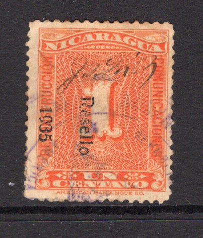 NICARAGUA - 1935 - POSTMASTER PROVISIONAL: 1c orange TAX issue used with 'Postmaster's Initials' validating the stamp after a large theft of stamps from the Treasury on November 16th 1935. Uncommon. (SG 818)  (NIC/4880)
