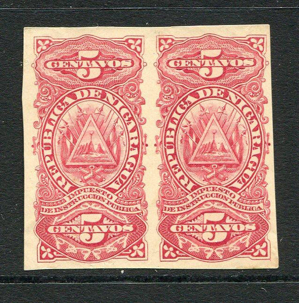 NICARAGUA - 1889 - REVENUES & PROOF: 5c carmine Waterlow 'Impuesto' REVENUE issue IMPERF COLOUR TRIAL pair in unissued colour. (Forbin #3)  (NIC/4903)