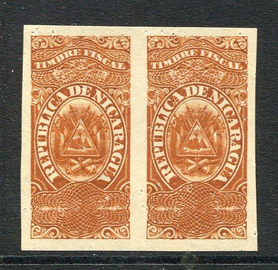 NICARAGUA - 1904 - REVENUES & PROOF: Undenominated Waterlow 'Timbre Fiscal' REVENUE issue a fine IMPERF PLATE PROOF PAIR in yellow brown. (As Forbin #9)  (NIC/4905)
