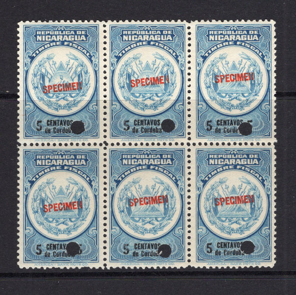 NICARAGUA - 1920 - REVENUES: 5c black & blue ABNCo. 'Revenue' issue a fine block of six with each stamp overprinted SPECIMEN in red with small hole punch. Ex ABNCo. archive.  (NIC/4916)