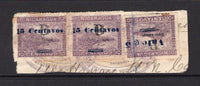 NICARAGUA - ZELAYA - 1904 - PROVISIONAL ISSUE: 15c on 10c mauve pair and 5c on 10c mauve overprints on 'Momotombo' TRAIN issue all tied on small piece by unclear oval cancels. (SG B16 & B18)  (NIC/4919)