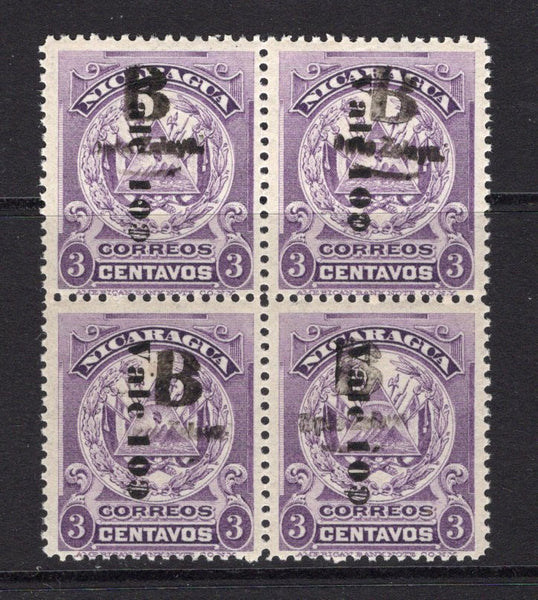 NICARAGUA - ZELAYA - 1906 - MULTIPLE: 10c on 3c violet 'Arms' issue with surcharge reading down a fine mint block of four. (SG B33)  (NIC/4926)