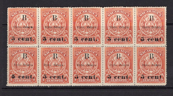 NICARAGUA - ZELAYA - 1907 - MULTIPLE: 5c on 4c orange brown Waterlow 'Arms' issue a fine mint block of ten. (SG B42)  (NIC/4931)