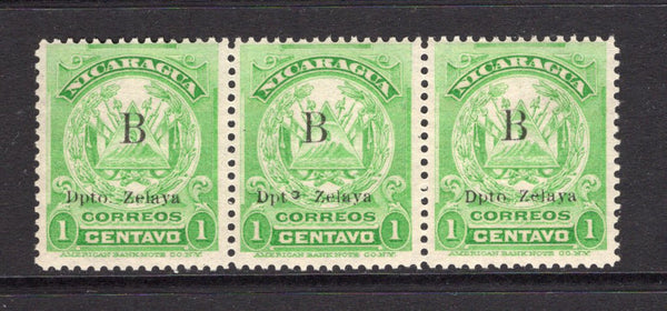 NICARAGUA - ZELAYA - 1909 - VARIETY: 1c bright green 'Arms' issue a fine mint strip of three with variety SIDEWAYS 'O' IN 'DPTO' on central stamp. (SG B75 variety, Maxwell #LB133b)  (NIC/4936)