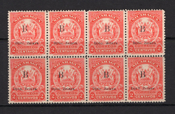 NICARAGUA - ZELAYA - 1909 - VARIETY: 2c scarlet 'Arms' issue a fine mint block of eight with variety SIDEWAYS 'O' IN 'DPTO' on bottom right stamp. (SG B76 variety, Maxwell #LB134b)  (NIC/4938)