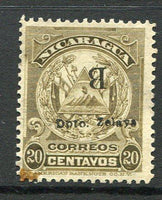 NICARAGUA - ZELAYA - 1909 - VARIETY: 20c olive brown 'Arms' issue a good unused copy with variety INVERTED 'B'. Uncommon. Small stain at bottom corner. (SG B83a)  (NIC/4940)