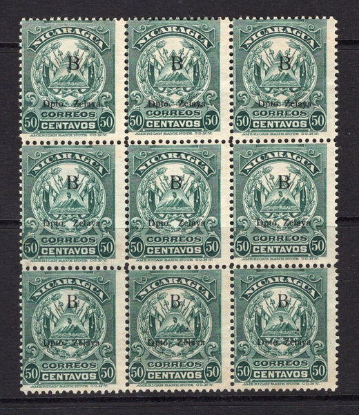 NICARAGUA - ZELAYA - 1910 - MULTIPLE: 50c myrtle 'Arms' issue with 'B Dpto Zelaya' overprint a fine unused block of nine. (SG B91)  (NIC/4946)