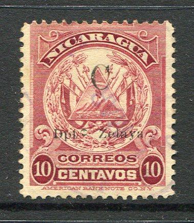 NICARAGUA - ZELAYA - 1909 - CABO GRACIAS A DIOS: 10c deep lake 'Arms' issue with 'C Dpto Zelaya' overprint a fine used copy with variety SIDEWAYS 'O' IN 'DPTO'. (SG C66 variety, Maxwell #LC79a)  (NIC/4968)