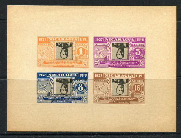 NICARAGUA - 1938 - VARIETY: '75th Anniversary of the Postal Service' INTERIOR issue sheetlet of four with variety CENTRE INVERTED on all four stamps, IMPERF, fine unused. (Maxwell #A235ba, SG 999a/d Variety).  (NIC/6312)
