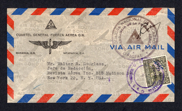 NICARAGUA - 1933 - OFFICIAL MAIL: Circa 1933. Headed 'Cuartel General Fuerza Aerea G.N.' official cover franked with 1933 25c olive with 'Correo Aereo OFICIAL' overprint (SG O828) tied by undated MANAGUA cancel with large GUARDIA NACIONAL 'Arms' cachet alongside. Addressed to USA.  (NIC/667)