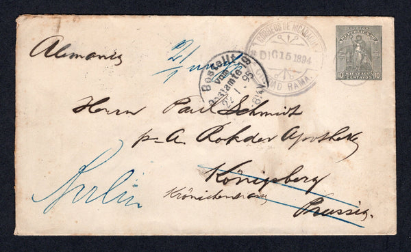 NICARAGUA - ZELAYA - 1894 - CANCELLATION: 10c grey 'Seebeck' postal stationery envelope (H&G B25) used with fine strike of CIUDAD RAMA cds. Addressed to GERMANY with transit and arrival marks. Scarce origination.  (NIC/703)