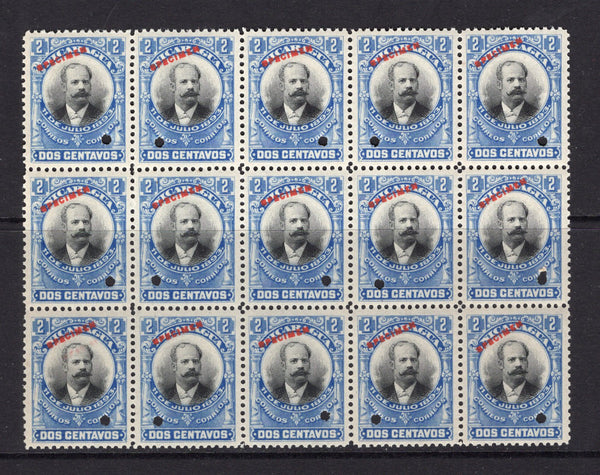NICARAGUA - 1903 - SPECIMEN: 2c black & blue 'Zelaya' UNISSUED type (original colours black & carmine) a fine block of fifteen each stamp overprinted SPECIMEN in red and with small hole punch. Ex ABNCo. Archive. (As SG 190)  (NIC/910)