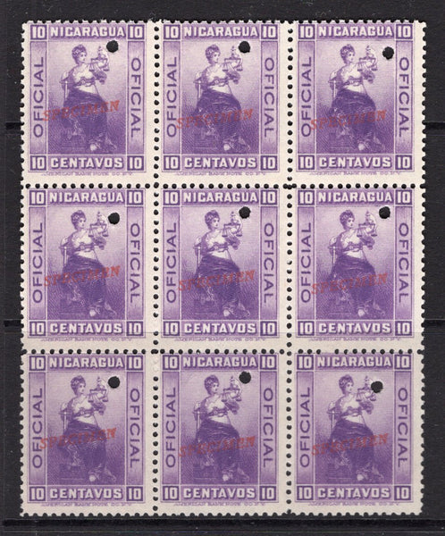 NICARAGUA - 1900 - SPECIMEN: 10c violet 'Official' issue a fine block of nine each stamp overprinted SPECIMEN in red and with small hole punch. Ex ABNCo. Archive. (SG O152)  (NIC/917)