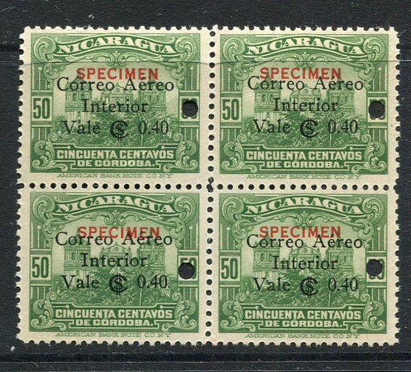 NICARAGUA - 1932 - SPECIMEN: 40c on 50c green 'Interior Airmail' surcharge issue a fine block of four each stamp overprinted SPECIMEN in red and with small hole punch. Ex ABNCo. Archive. (SG 721)  (NIC/928)