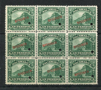NICARAGUA - 1914 - SPECIMEN: 1c green 'National Palace' issue a fine block of nine each stamp overprinted SPECIMEN in red and with small hole punch. Ex ABNCo. Archive. (SG 395)  (NIC/936)
