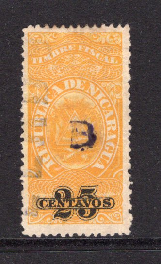 NICARAGUA - ZELAYA - 1908 - REVENUES: 25c yellow 'Timbre Fiscal' REVENUE issue with 'B' overprint in purple used with part straight line CANCELLED marking. Scarce provisional issue.  (NIC/9379)