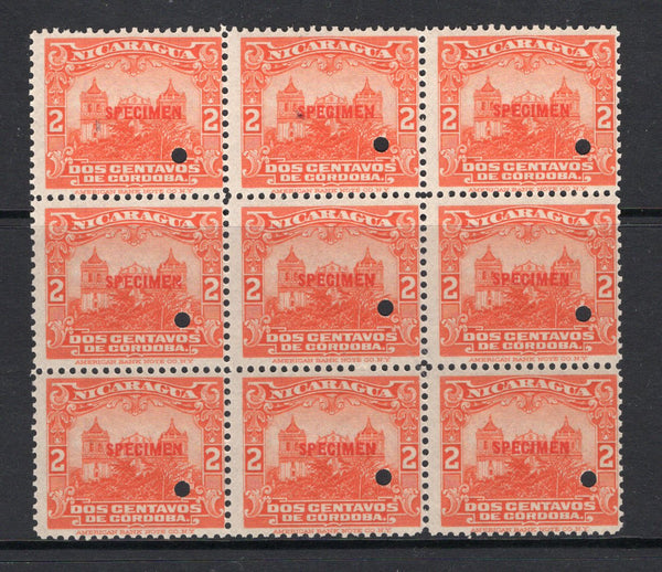 NICARAGUA - 1914 - SPECIMEN: 2c vermilion 'National Palace' issue a fine block of nine each stamp overprinted SPECIMEN in red and with small hole punch. Ex ABNCo. Archive. (SG 396)  (NIC/940)