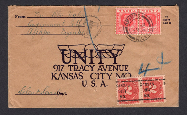 NIGERIA - 1929 - CANCELLATION & POSTAGE DUE: Cover franked with pair 1921 1d rose carmine GV issue (SG 16) tied by fine AFIKPO cds, addressed to USA and TAXED on arrival with 'T' in circle and manuscript '4c' in blue crayon and added pair USA 1917 2c carmine 'Postage Dues' (SG D531) with KANSAS CITY precancels.  (NIG/1055)