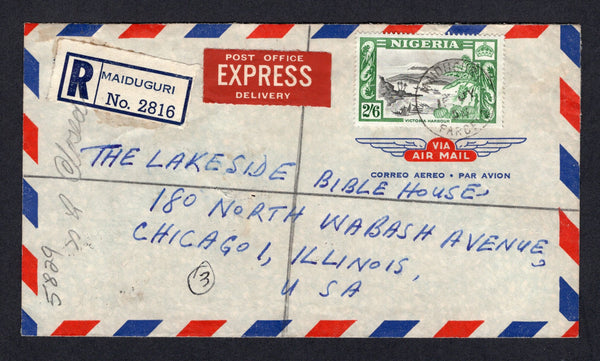 NIGERIA - 1958 - REGISTRATION & CANCELLATION: Airmail cover franked with 1953 2/6 black & green plus 3d black & purple on reverse all tied by MAIDUGURI PARCELS cds's with blue & white printed formular registration label alongside and also red POST OFFICE EXPRESS DELIVERY label. Addressed to USA with transit and arrival marks on reverse.  (NIG/1056)