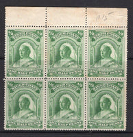 NIGERIA - NIGER COAST PROTECTORATE - 1894 - MULTIPLE: ½d yellow green QV issue, No watermark, perf 14½-15, a fine mint top marginal block of six. Odd light tone spot. (SG 51)  (NIG/14833)