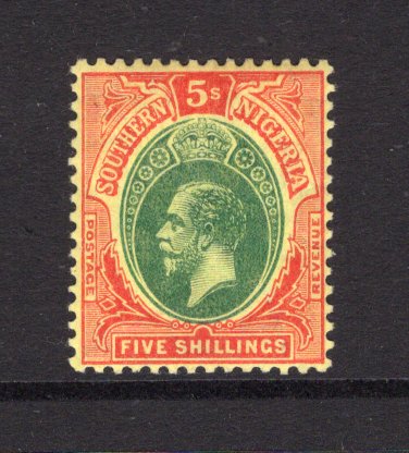 NIGERIA - SOUTHERN NIGERIA - 1912 - GV ISSUE: 5/- green & red on yellow GV issue, a fine mint copy. (SG 54)  (NIG/14859)