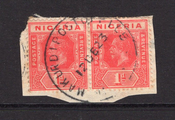 NIGERIA - 1921 - CANCELLATION: 1d rose carmine GV issue pair tied on piece by fine strike of MAKURDI POST OFFICE Skeleton cds dated 12 DEC 1923. Very scarce. (SG 16)  (NIG/14862)