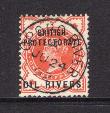 NIGERIA - OIL RIVERS PROTECTORATE - 1892 - CANCELLATION: ½d vermilion QV issue with 'BRITISH PROTECTORATE OIL RIVERS' overprint, a fine used copy with superb central strike of OPOBO RIVER cds dated JUL 24 1892. The fourth day of issue of the stamps. (SG 1)  (NIG/15059)